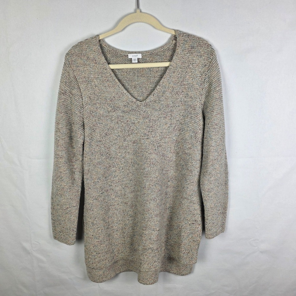 Pure Jill J. Jill Women Small Petite V-Neck Confetti Knit Sweater Oatmeal‎ Tan